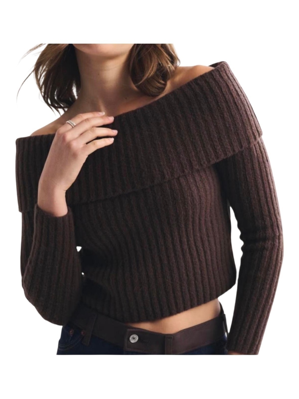 Abercrombie & Fitch Ribbed Foldover Off The Shoulder Sweater Brown Medium M Cozy